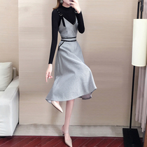 Fried Street temperament Spring Autumn Sweater strap skirt two-piece autumn and winter dress new knitted warm dress women