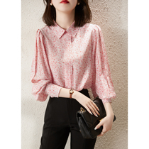 SZHZ French pleated placket 16 m double crepe silk graffiti floral pleated lantern sleeve shirt spring and summer New