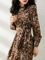 Szhzzmai Warm floral print wrap-up waist lace-up delicate soft dress