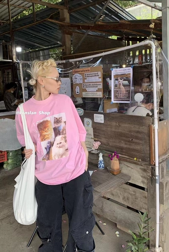 Lonslan 2023SS Новый котенок распущенные короткие -большие чашки футболка