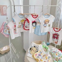 Children Summer full cotton short sleeve suit cartoon printed round collar male and female baby pyjamas thin breathing cotton home clothes