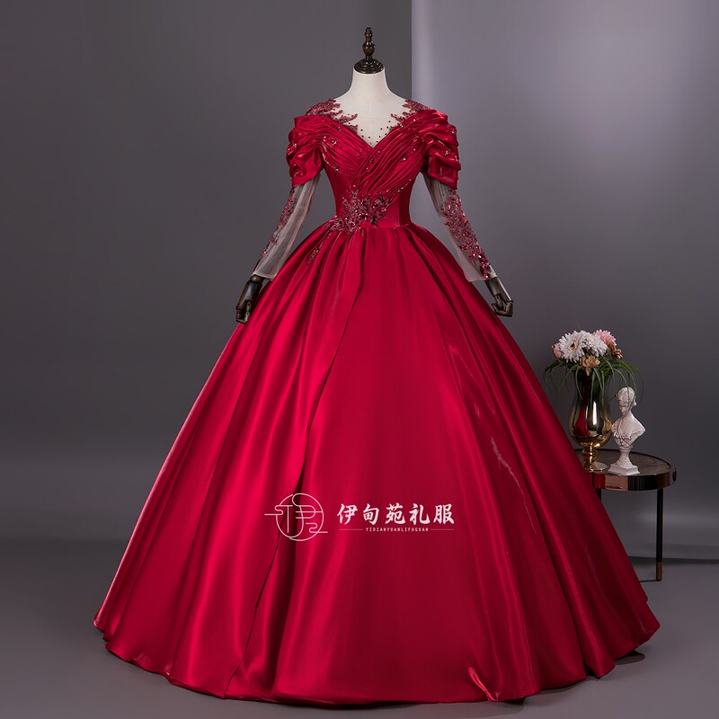Burgundy Satin Long-Sleeve Evening Gown with Heavy Embellishments, Suitable for Vocal Arts Exams, Operatic Solo Stage Performances, and Recital Performances
