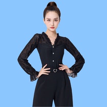 Modern dance top womens new long-sleeved one-piece dance suit Latin national standard social square dance practice lace jacket
