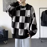 Шахматы, брендовый демисезонный свитер, трикотажный кардиган с круглым воротником, шерстяная куртка, оверсайз