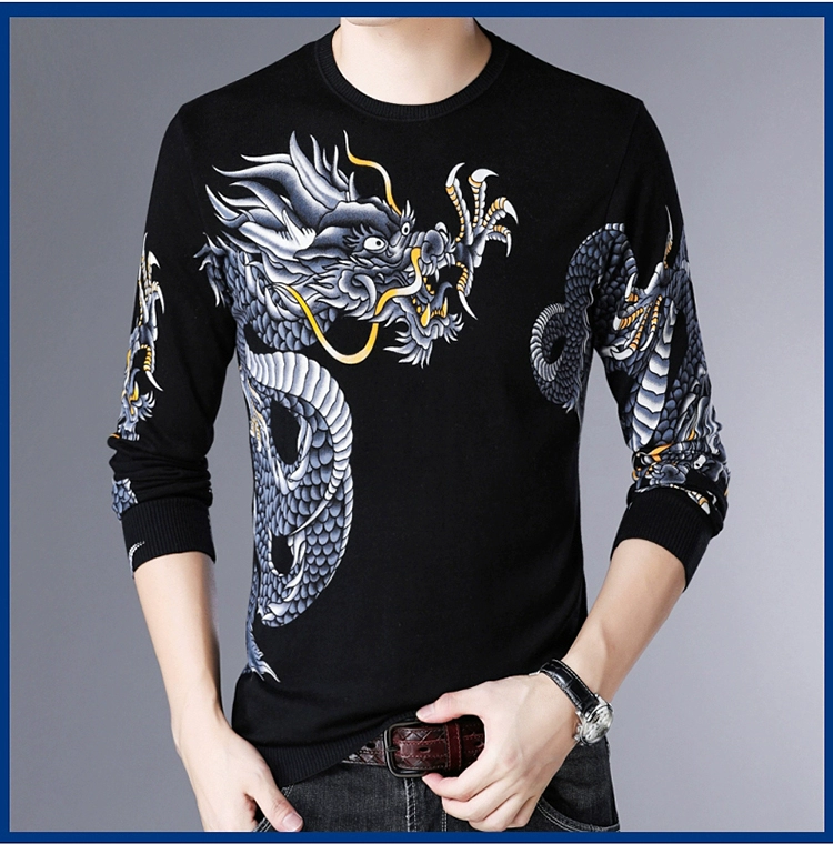 Mùa xuân và mùa thu nam thanh niên và trung niên mỏng kiểu Trung Quốc in họa tiết rồng cổ tròn áo len dệt kim áo len - Áo len