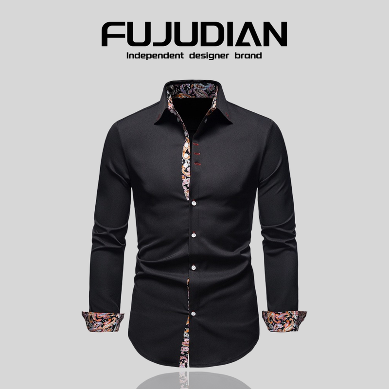 Fujudian Men's Clothing for Export~ Floral Formal Shirt, Slim Fit Casual Paisley Print Long-Sleeve Button-Down Shirt