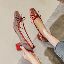 Womens shoes autumn and summer 2021 new fairy mid-heel shallow mesh net red breathable one-pedal thick heel single shoes women