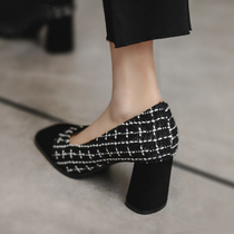 High-heeled womens shoes 2021 new autumn and summer high-heeled thick-heeled square head shallow-mouthed fairy medium-heeled professional single shoes