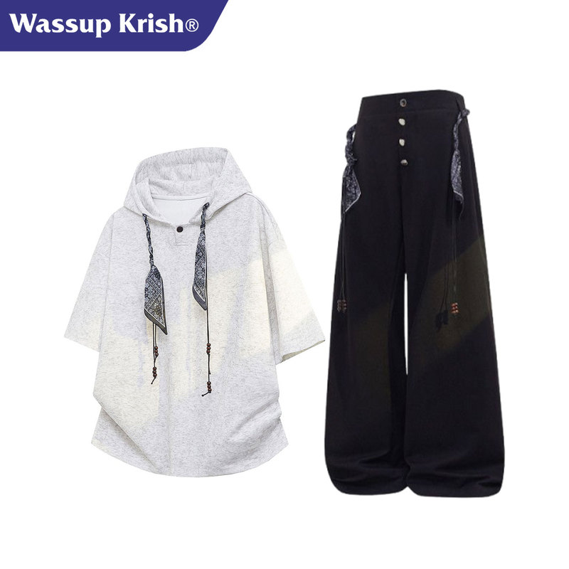 Wassup Krish American Retro Hooded Sports Short-Sleeved Suit Men's Summer Design Silk Scarf Ribbon T-Shirt Wassup Krish American Retro Hooded Sports Short-Sleeved Suit Men's Summer Design Silk Scarf Ribbon T-Shirt