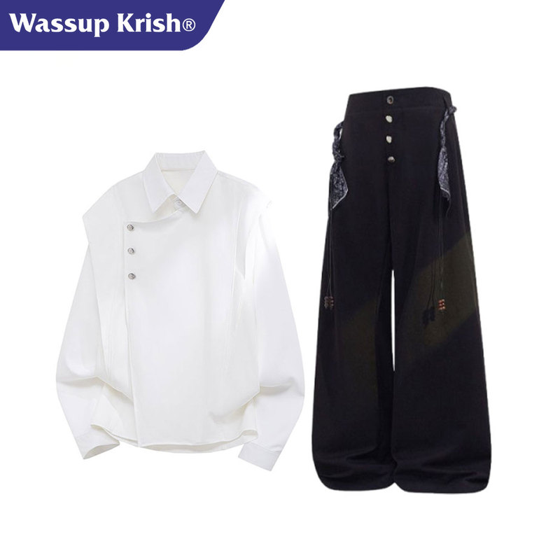 Wassup Krish American Style Irregular Lapel Shirt Set for Men, Autumn High-End Stylish Casual Shirt and Pants