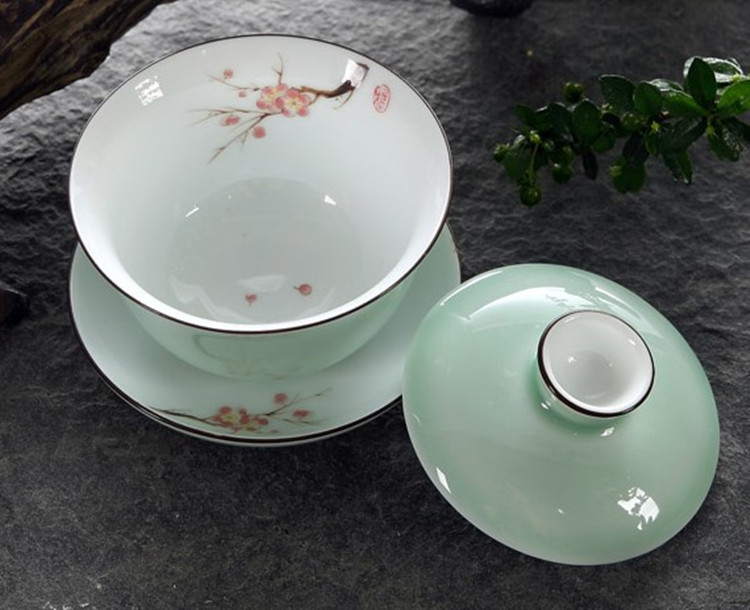 Celadon dày lên bao gồm bát trà Kung Fu vẽ tay sen mực ba tài năng bao gồm bát lớn bát trà tôn trọng chuẩn bị trà - Trà sứ bình pha trà lock&lock