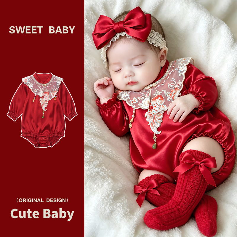 100% Mulberry Silk One-Year-Old Dress, Chinese-Style Silk Baby Girl Full Moon Red Jumpsuit, Silk Hundred-Day Banquet Dress 100% Mulberry Silk One-Year-Old Dress, Chinese-Style Silk Baby Girl Full Moon Red Jumpsuit, Silk Hundred-Day Banquet Dress