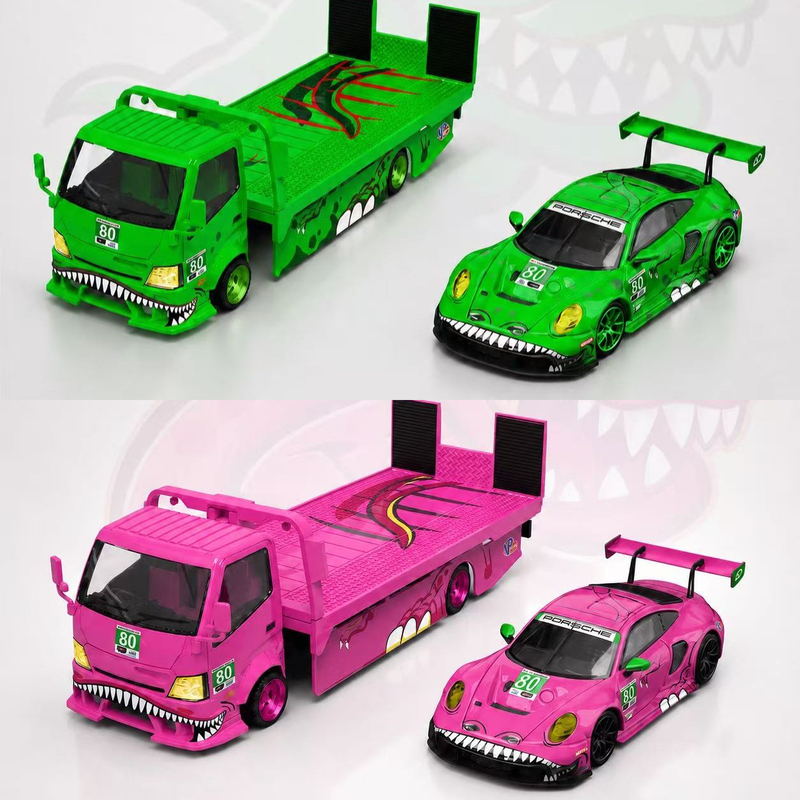 Tl 1:64 Hino H300 Flatbed Transport Trailer Sr Porsche Green/Pink Dinosaur Alloy Car Model Tl 1:64 Hino H300 Flatbed Transport Trailer Sr Porsche Green/Pink Dinosaur Alloy Car Model