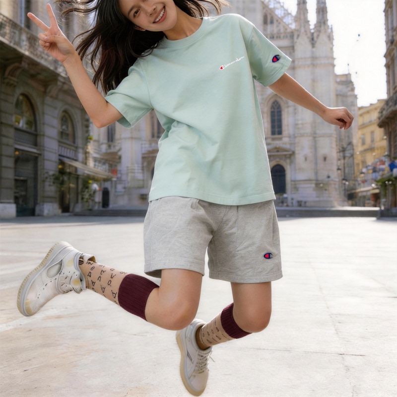 Colorful Champion Mint Green Short-Sleeved T-Shirt Women's Summer Loose Casual Sports Shorts Student Two-Piece Set
