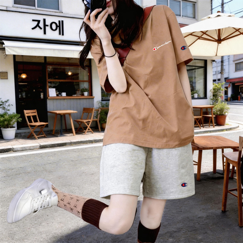 Champion Rainbow Korean-Style Pure Cotton Short-Sleeve T-Shirt for Women, Sporty Set, Loose Casual Five-Point Shorts, Plus-Size Two-Piece Set