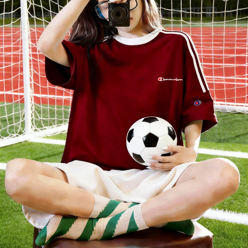 Champion Basic Three-Stripe Short-Sleeve T-Shirt for Women, Summer Loose Fit, Pure Cotton Cheerleading Top, Trendy Brand Sports Half-Sleeve Class Uniform Champion Basic Three-Stripe Short-Sleeve T-Shirt for Women, Summer Loose Fit, Pure Cotton Cheerleading Top, Trendy Brand Sports Half-Sleeve Class Uniform