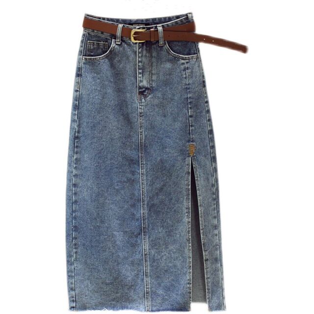 Plus size ສາວໄຂມັນສູງ denim skirt ແມ່ຍິງພາກຮຽນ spring ແລະ summer ໃຫມ່ slimming slit ກາງ-length hip-covering skirt A-line