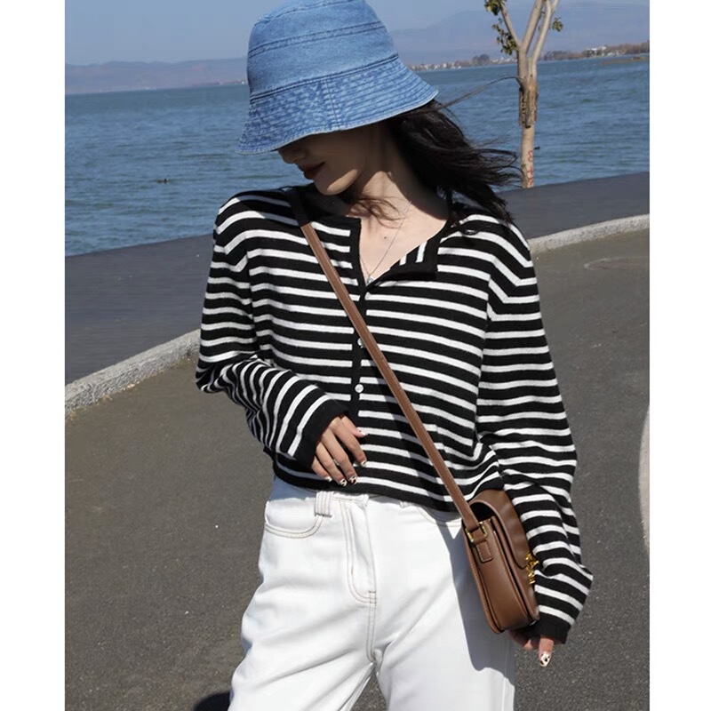 Retro V Neck Stripesd Long-Sleeved Knitted Cardigan Spring & Fall New Large Size Fat mm Lazy Style Sweater Women's Jacket Top