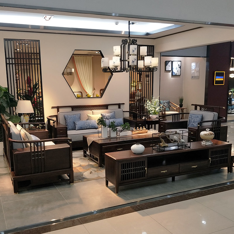 New Chinese style sofa simple modern living room light luxury fabric solid wood sofa villa Zen hotel Chinese style furniture