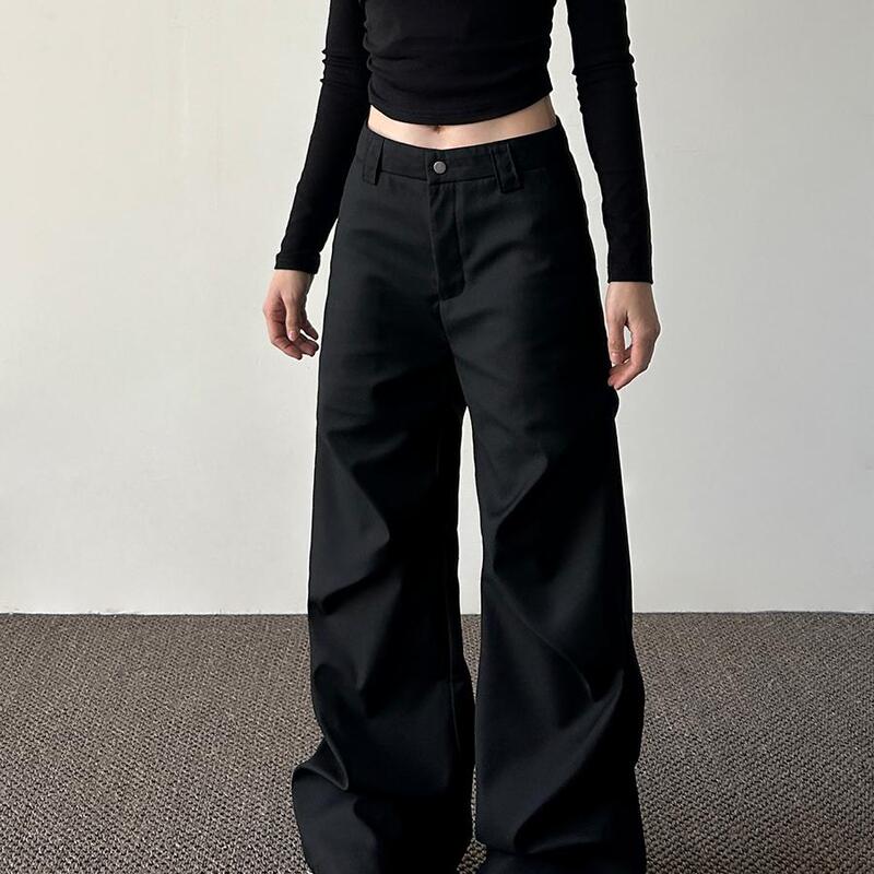 Stubborn Life American-Style Pleated Floor-Length Flared Black Casual Pants for Men and Women, Loose Straight-Leg Drapey Dress Pants