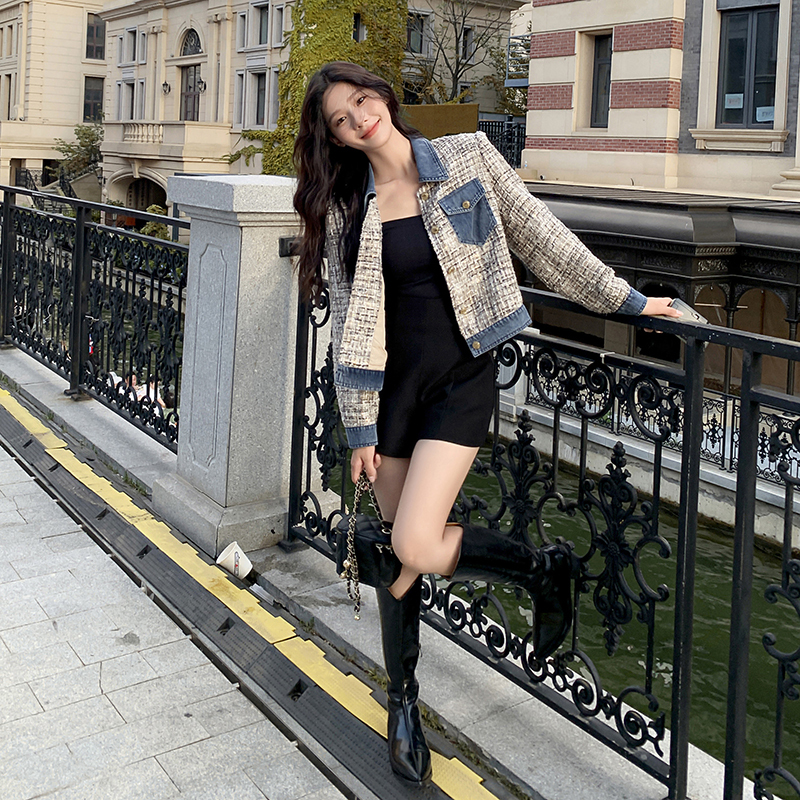 Denim Patchwork Tweed Jacket for Women 2026 Spring and Autumn New Style Elegant Short High-End Jacket for Petite Figures