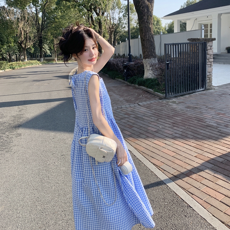 Japanese-Style Blue Plaid Age-Reducing Sleeveless Dress for Women, 2026 Summer New Model, Petite High-Waisted Slimming A-Line Dress Japanese-Style Blue Plaid Age-Reducing Sleeveless Dress for Women, 2026 Summer New Model, Petite High-Waisted Slimming A-Line Dress