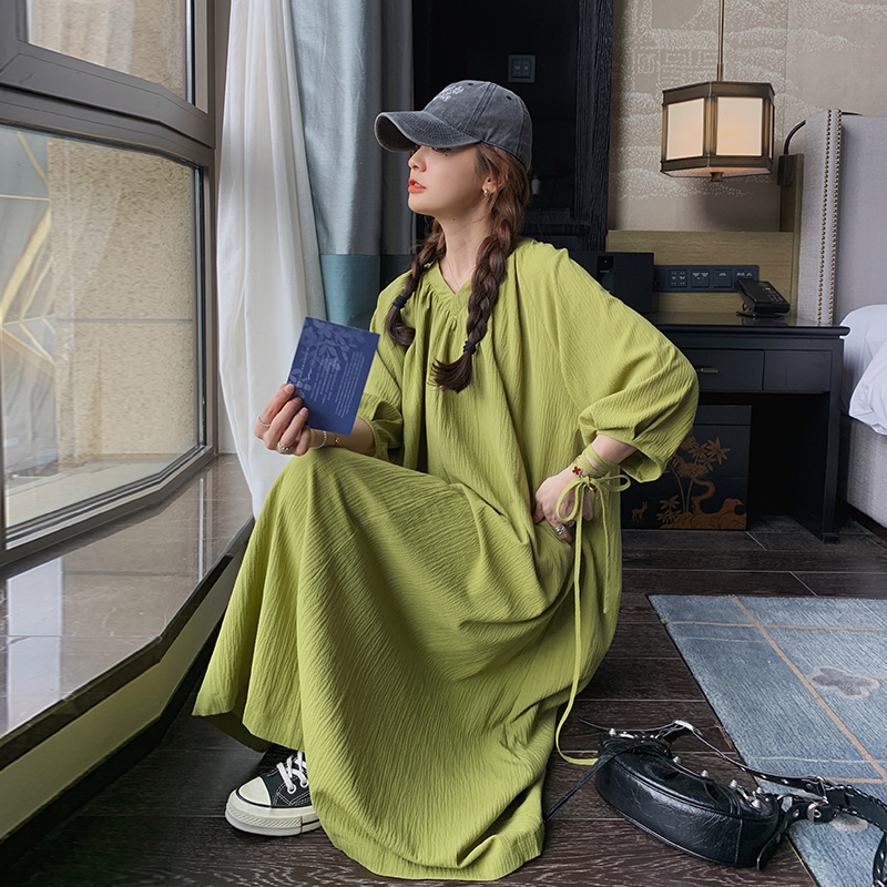 Summer Tea Break French V-Neck Avocado Green Waist-Cinching Textured Dress for Women, Lazy Style Loose Casual Long Dress Summer Tea Break French V-Neck Avocado Green Waist-Cinching Textured Dress for Women, Lazy Style Loose Casual Long Dress