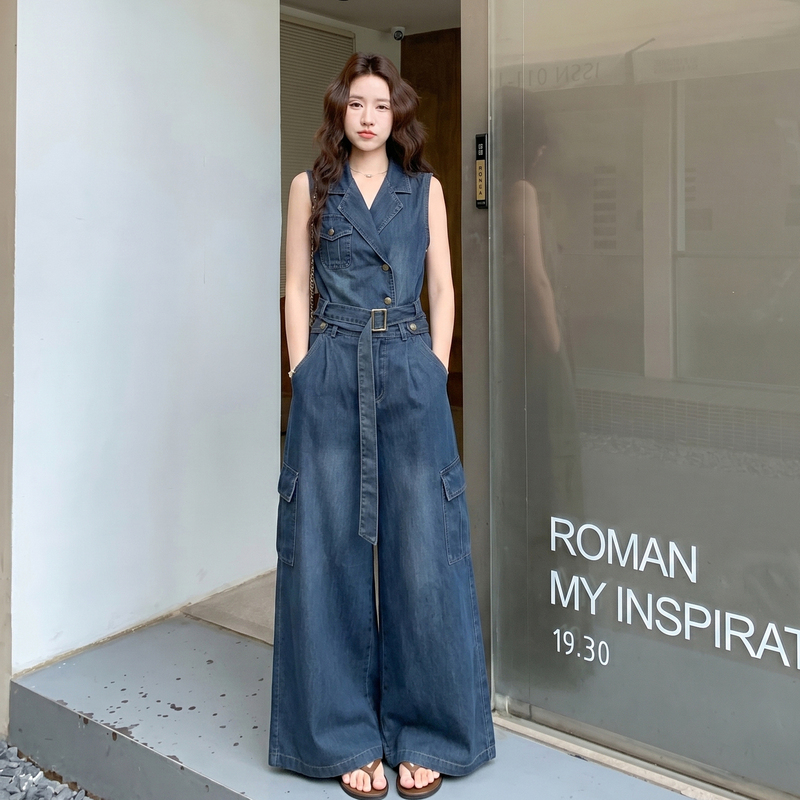 Cool and Stylish Retro Washed Denim Sleeveless Jumpsuit for Women, 2026 Summer, Salt-Style Elegant Lapel Waist-Cinching Jumpsuit Cool and Stylish Retro Washed Denim Sleeveless Jumpsuit for Women, 2026 Summer, Salt-Style Elegant Lapel Waist-Cinching Jumpsuit