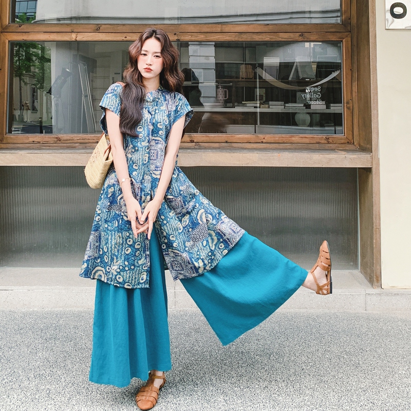 New Chinese-Style Retro Ethnic Tie-Dye Printed Shirt Dress Set for Women 2026 Summer Blue Wide-Leg Pants Two-Piece Set New Chinese-Style Retro Ethnic Tie-Dye Printed Shirt Dress Set for Women 2026 Summer Blue Wide-Leg Pants Two-Piece Set