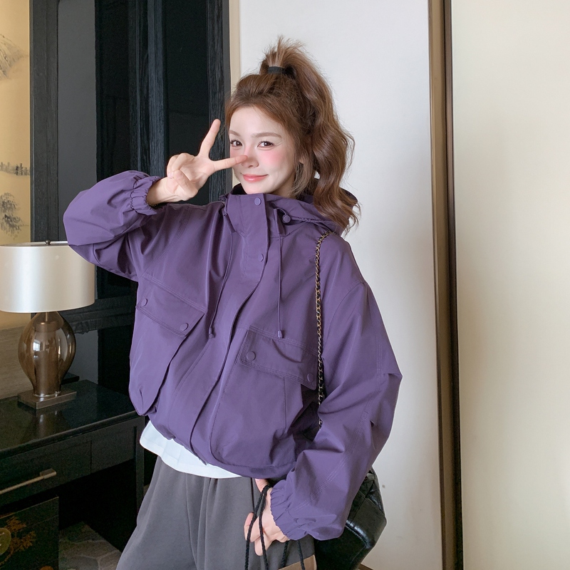 Super Stylish Purple Drawstring Hooded Jacket for Women, 2026 Spring and Autumn, Petite, Trendy, Age-Reducing, Short Windbreaker
