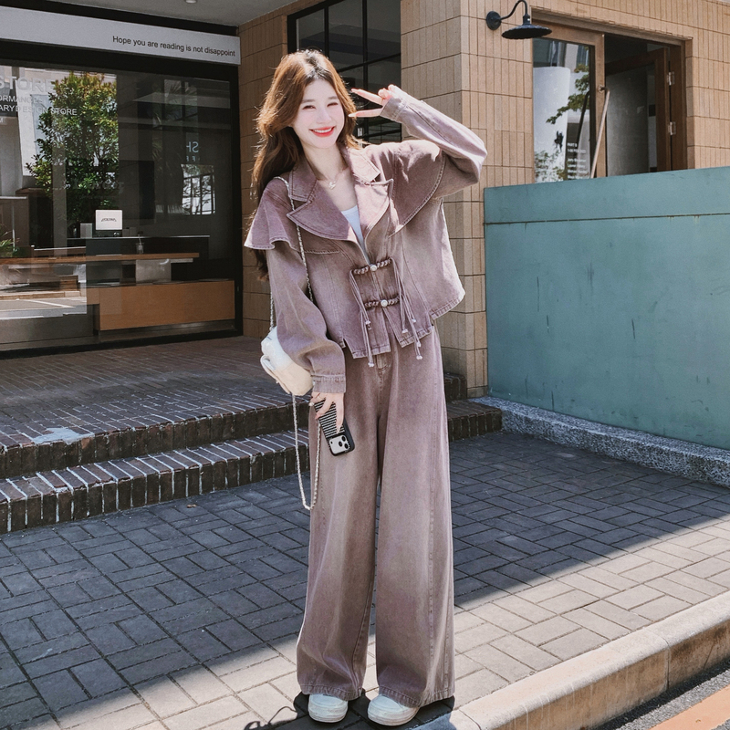 Retro Pink-Brown Sweet and Cool Denim Suit for Women, 2026 Autumn Chinese Style Design with Buttoned Jacket and Wide-Leg Pants Two-Piece Set Retro Pink-Brown Sweet and Cool Denim Suit for Women, 2026 Autumn Chinese Style Design with Buttoned Jacket and Wide-Leg Pants Two-Piece Set