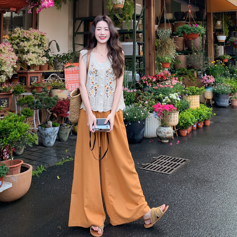 Versatile Crochet Hollow-Out Knit Vest and Wide-Leg Pants Set for Women, 2026 Summer New Retro Trendy Two-Piece Set