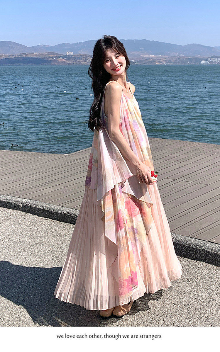 フリル付きノースリーブワンピース ピンク ワンピース】フェアリームード ピンク花柄シフォンキャミワンピース