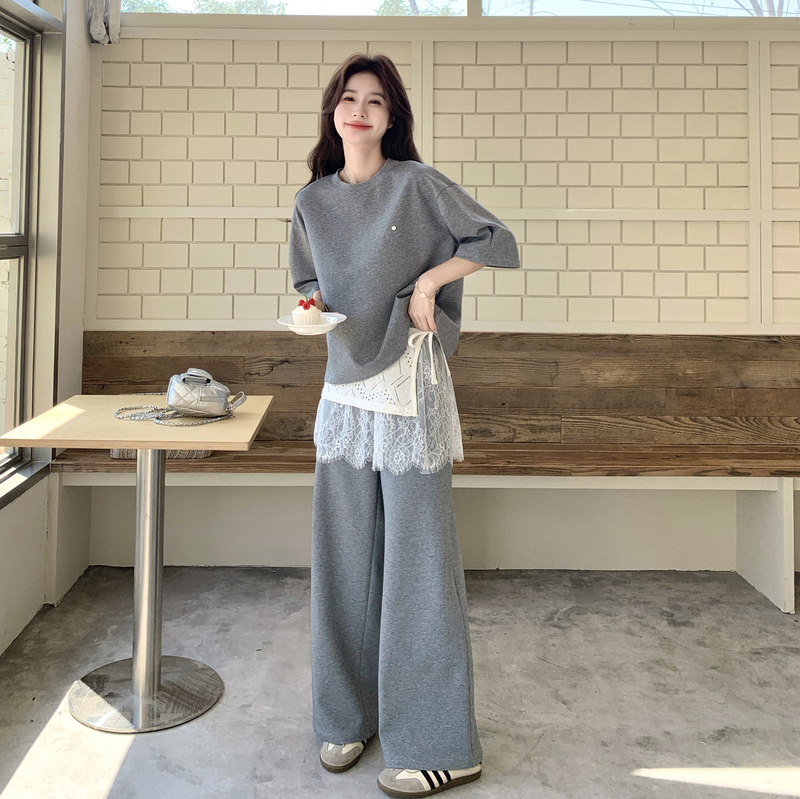 This Year's Trendy Lace Curtain Wide-Leg Pants Suit for Women 2026 Summer New Style Gray Short-Sleeved T-Shirt Waist Belt Three-Piece Set