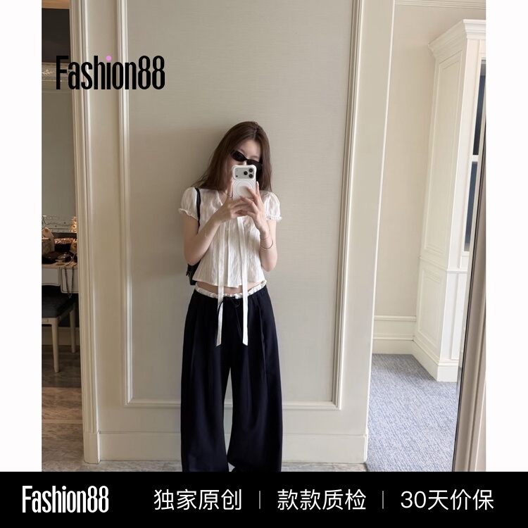 Peach-Colored Sweet Style Puff Sleeve Bow Tie Shirt + Ruffled Casual Straight Wide-Leg Pants Set for Women Peach-Colored Sweet Style Puff Sleeve Bow Tie Shirt + Ruffled Casual Straight Wide-Leg Pants Set for Women