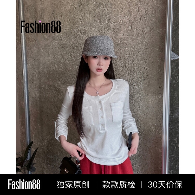 Taozhi Korean-Style Casual Slim-Fit Base Shirt with Double Pockets, Half-Zip Long-Sleeve T-Shirt, Spring/Summer Henley Collar Top for Women