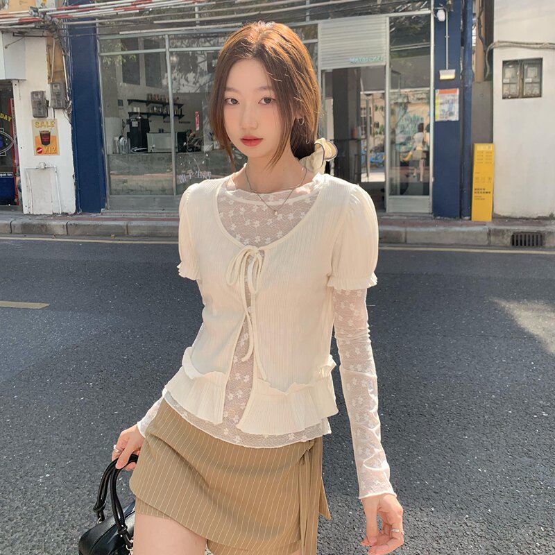 Taozhizhi Spring Korean Style Ruffled Tie-Up Short Top for Women, Solid Color Sweet Style Versatile T-Shirt Set