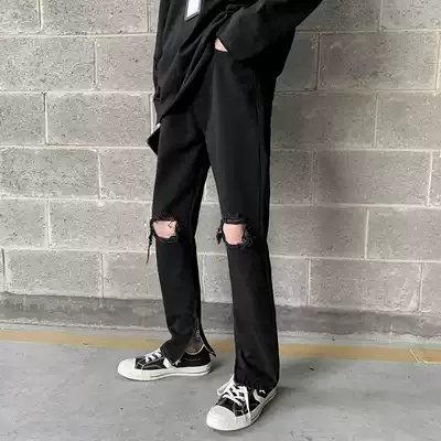 2021 summer new FOG style retro high street broken jeans men Korean slim feet casual trousers