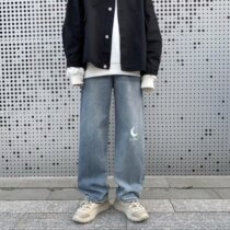 Hong Kong Style Jeans Men's Autumn ins Tide Brand Straight Loose Boys Pants Korean Fashion Wide Leg Torre Pants