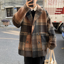 Winter Tide Plaid Wool Coat Men's Korean Fashion ins Port Style Retro Leisure Joker Steve Coat