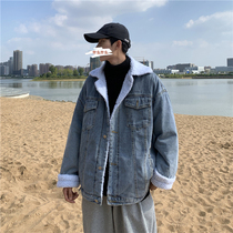 Fall winter plus velvet padded lamb wool denim coat men's trend ins Korean version of loose Joker warm jacket cotton-padded jacket