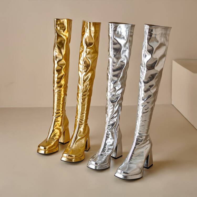 32-43 Over-The-Knee Gold and Silver Zipper Performance Dance Boots Women's High-Heeled Chunky Heel Stretch Boots High Boots Leather Boots