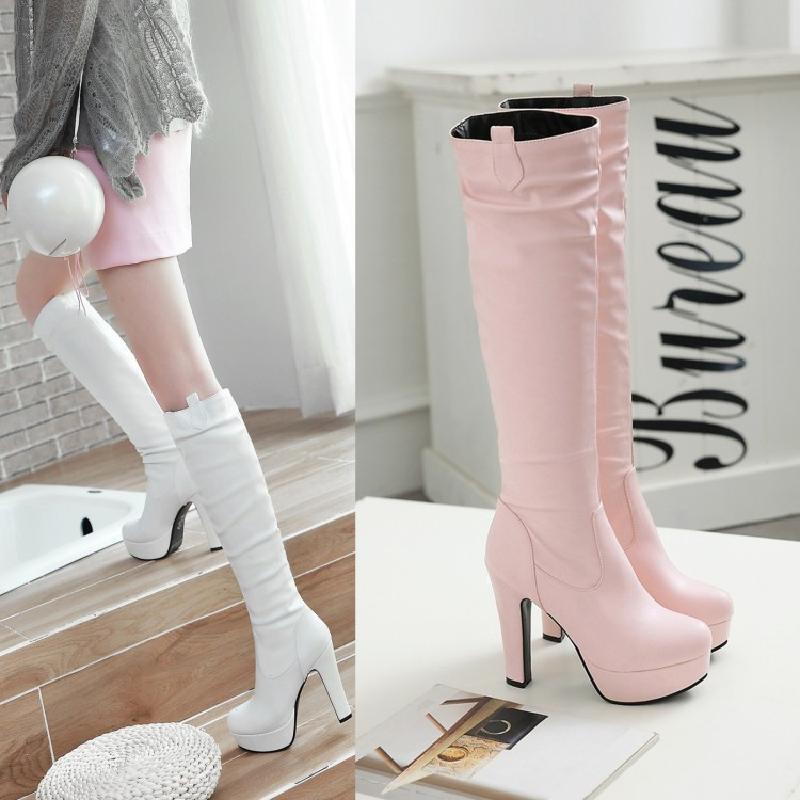 Pink High-Heeled Women's High Boots, Autumn Single Boots, Waterproof Platform, Round Toe, Slip-On, Slimming, Thickened White Long Cotton Boots, Winter