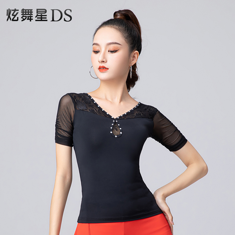 Latin Dance Blouse Women Black Long Sleeve Sexy Ice Silk Dance Suit New Lace Practice Dancer Dancing Clothes-Taobao