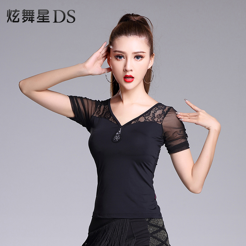 Latin dance blouses new female black short sleeves Inlaid Brick Practice Clothes Lace Social Dance Dress Dancing Clothes Summer