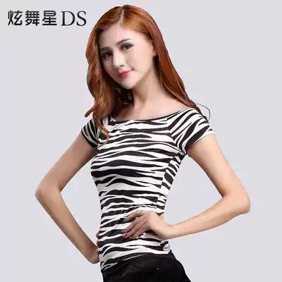 Latin dance top Female adult striped dance practice suit sexy beautiful back social dance top thin short-sleeved dance suit