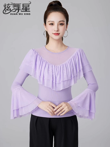 Современные танцевальные упражнения с высоким роговым рукавом -Лиф края латиноамериканская танцевальная рубашка танцевать танце