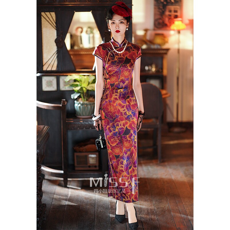 旗开得胜四小姐2024年新款红色真丝走秀演出旗袍中式长款老上海