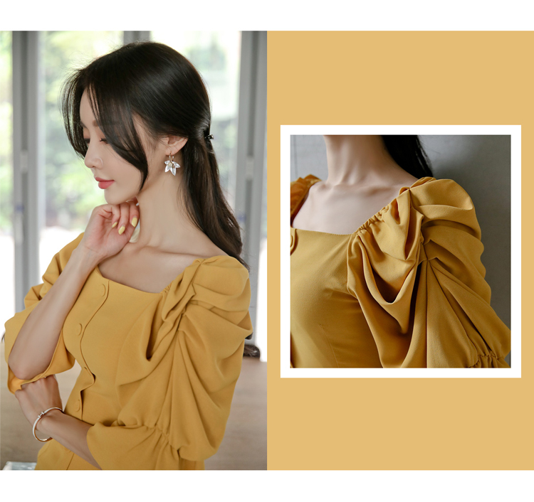 VK旗艦店 韓系性感一字領露背單排扣包臀開叉短袖洋裝