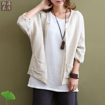 Original linen cotton linen literary retro large size Chinese style womens loose coat coat mid-sleeve cardigan shirt